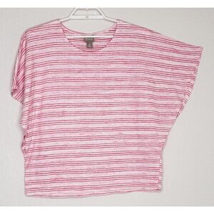 Chico’s Top Size 2 Dolman Short Sleeve Pink White‎ Stripe Round Neck Relaxed Fit